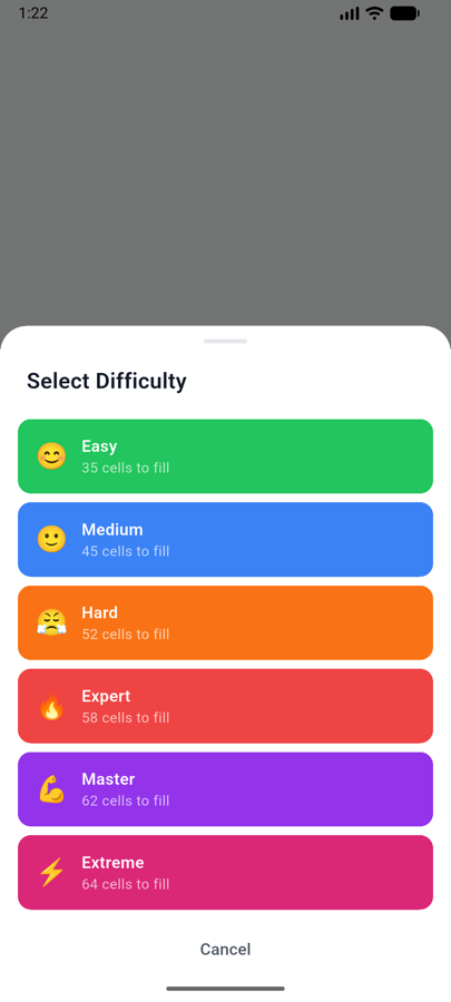 Difficulty selection from Easy to Extreme