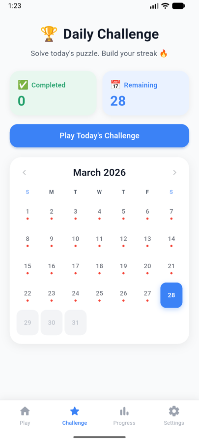 Daily Challenge calendar with streaks