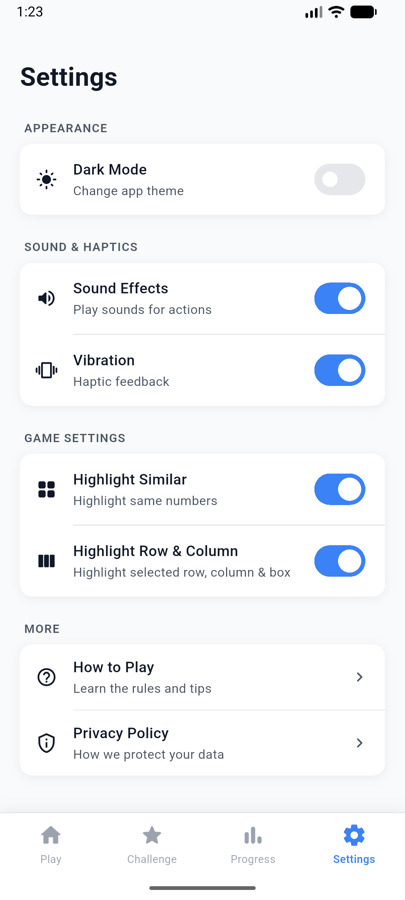 Settings: dark mode, sound, highlighting